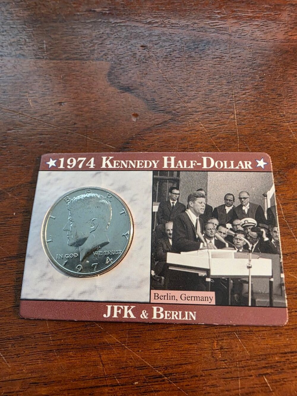 1974 50c KENNEDY CLAD HALF DOLLAR IN DISPLAY CARD JFK & BERLIN